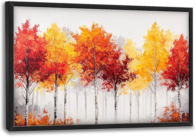 Fall Forest Framed Wall Art for Living Room, Large Red Trees Canvas Wall Decor, Red Leaf Landscape Pictures Painting, Modern Artwork for Living Room Bedroom 36L'' × 24W''