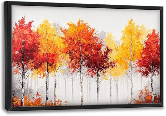 Fall Forest Framed Wall Art for Living Room, Large Red Trees Canvas Wall Decor, Red Leaf Landscape Pictures Painting, Modern Artwork for Living Room Bedroom 36L'' × 24W''