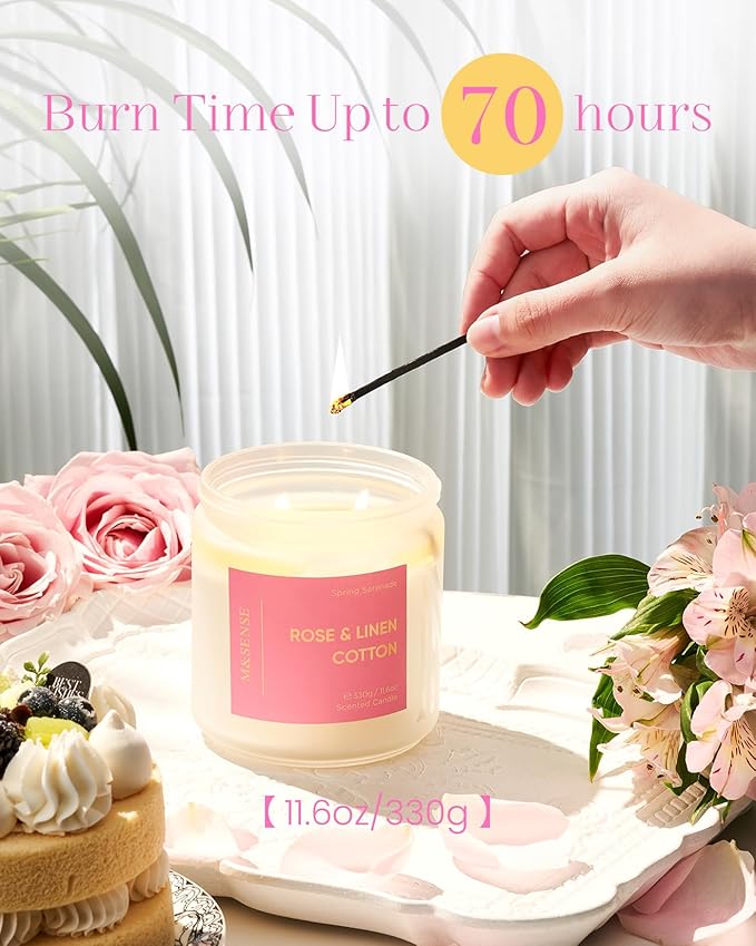 M&SENSE Rose Linen Cotton Spring Scented Candle - 11.6oz Natural Soy Wax Non Toxic Candle for Mothers Day 70-Hour Slow-Burning Time Aromatherapy Gifts for Women & Home Decor