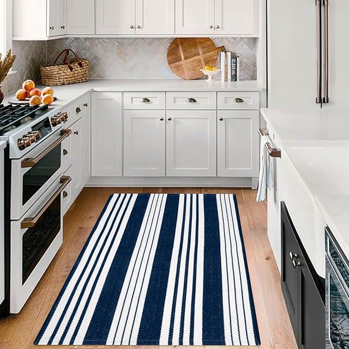 OJIA Blue and White Outdoor Rug 3’x5‘ Cotton Woven Fall Striped Front Porch Rug Machine Washable Indoor Outdoor Rugs Farmhouse Entry Rug Layered Door Mat for Entryway/Kitchen/Laundry/Living Room