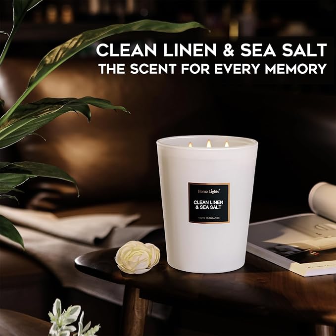 HomeLights Scented Candles - Large Jar Aromatherapy, Natural Soy Wax, 130 Hour Long Burning, Clean Linen & Sea Salt