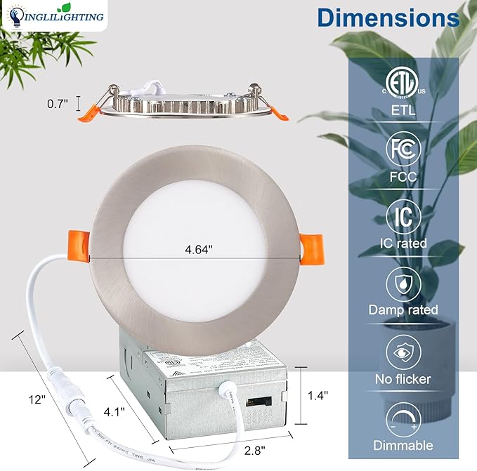 DLLT LED Recessed Ceiling Lights: 12 Pack 4 Inch 5CCT Ultra-Thin Lighting with Junction Box for Bedroom - 900LM Brightness 9W Eqv 80W Dimmable Canless Wafer Downlight with ETL&FCC-Nickel Brush