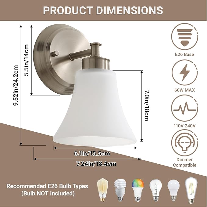 LOUSACE 2 Pack 1-Light Brushed Nickel Bathroom Lighting Fixtures Vintage Bathroom Vanity Lights with Opal White Glass, Set of 2 Single Vanity Wall Sconces for Side Mirror Cabinet Stairs Living Room