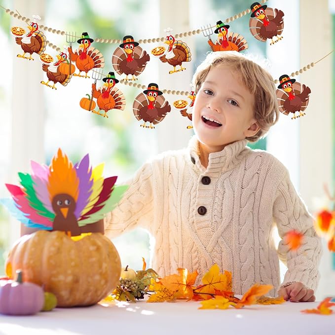 Doumeny 2Pcs Fall Thanksgiving Felt Garland with Wood Bead Thankful Felt Turkey Banner Garland Turkey Wood Bead Bunting Banner Happy Thanksgiving Hanging Bunting for Home Fireplace Harvest Party Decor