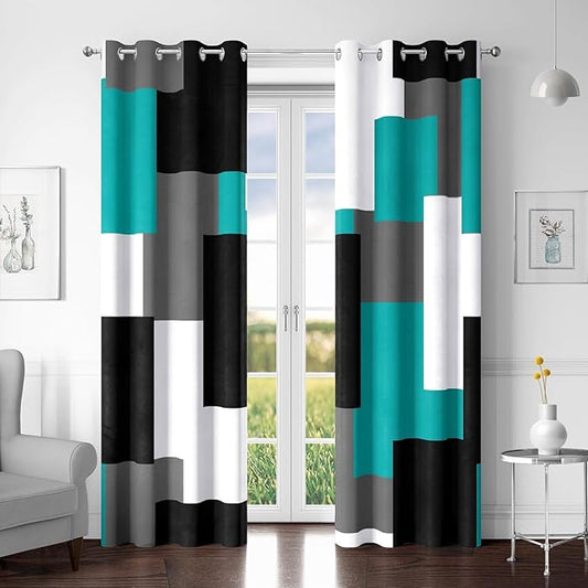Teal/Turquoise 100% Blackout Curtains for Bedroom 96 inch Long 2 Panels Set Black White Grey Modern Abstract Geometric Black Out Curtains Room Darkening Window Drapes for Living Room, 52Wx96L