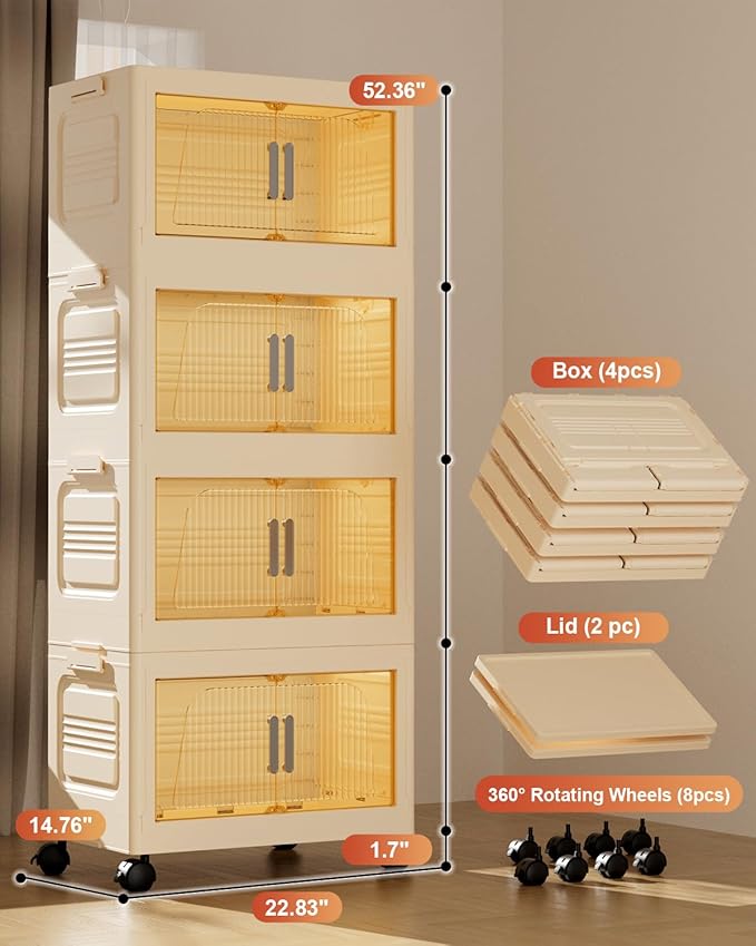 304QT Stackable Storage Bins with Lids 4 Pack, 76Gal Storage Containers with Smooth-Rolling Wheels, Plastic Closet Organizers and Storage, Collapsible Storage Bins for Home, Office and Dorm