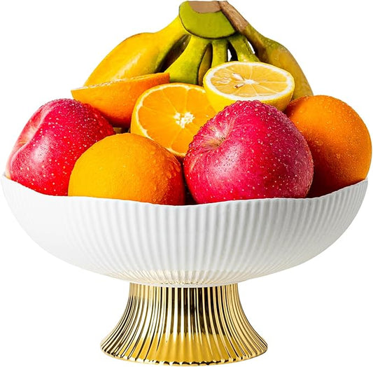 Ceramic Fruit Bowl,10” Pedestal Bowl, Decorated Fruit Tray for Kitchen Counter and Dining Table, Footed Bowls for Afternoon Tea Parties, Bread and Salad Bowl with Golden Feet. (white)