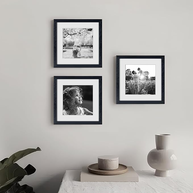 8x8 Picture Frames Black Set of 3, Solid Oak Wood 8”x8” Picture Frame Matted to 4”x4”,Square 8 x 8 Natural Wood Frame with Tempered Real Glass, Rustic 8x8 Photo Frame for Wall & Tabletop Display