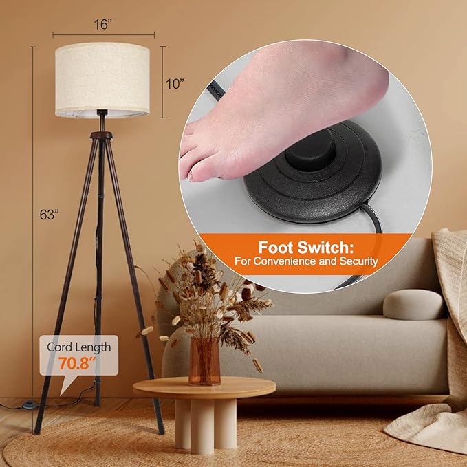 OUTON Wood Tripod Floor Lamp, Mid Century LED Dimmable Floor Lamp with Remote Control, 4 Color Temperature, Sturdy Tall Standing Lamp with Beige Linen Texture Shade for Living Room, Bedroom, Office