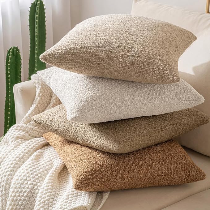 MIULEE 18x18 Inch Decorative Pillow Covers for Couch Bed Set of 2 Textured Boucle Neutral Throw Pillows Khaki Accent Solid Cushion Pillowcase Cozy Soft Sofa Livingroom Home Decor