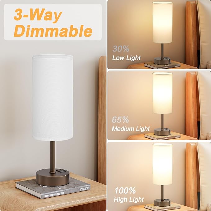 Bedside Touch Table Lamps for Bedroom Nightstand with USB-C USB-A Charging Ports, White & Brown 3 Way Dimmable Small Desk Lamp for Office, Living Room, Reading, Dorm