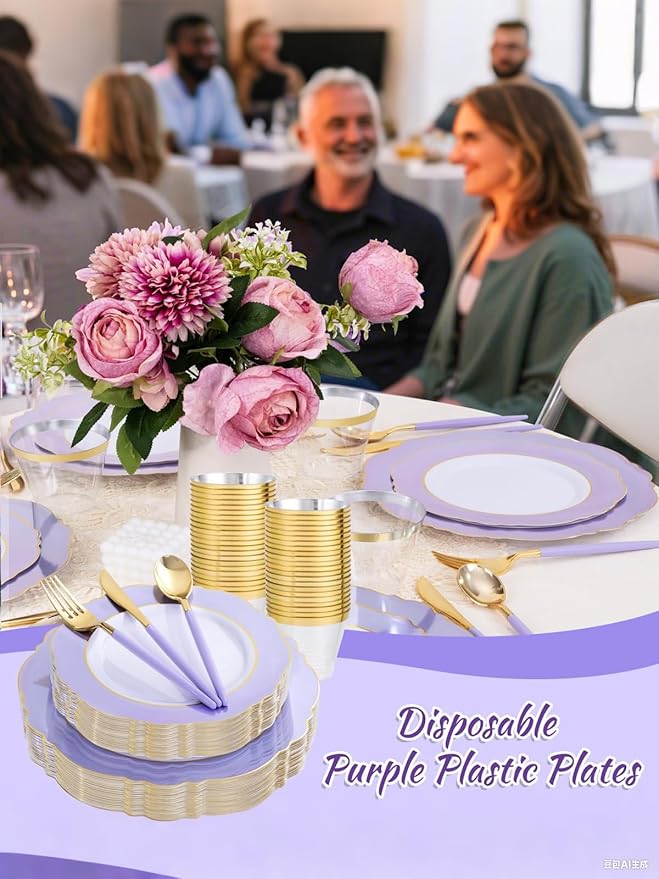 WDF 150Pcs Purple Plates Disposable - Baroque Lavender Purple and Gold Plates - 25Guest Plastic Dinnerware Ideal for Party/Spring/Picnic