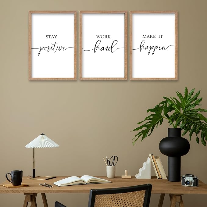 SRSZHIYUE Office Motivational Decor 16"×11" Set of 3 Stay Positive Work Hard Make It Happen Inspirational Quotes Wooden Framed Wall Hanging Art (Wood)