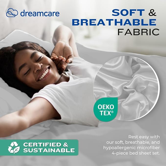 DREAMCARE Twin XL Sheet Sets - Cooling Bed Sheets - 4pcs Set - up to 15" Deep Pocket Twin XL Sheets - XL Twin Sheet Set – Soft & Long Lasting 100% Fine Brushed Polyester with Side Pocket - Light Gray