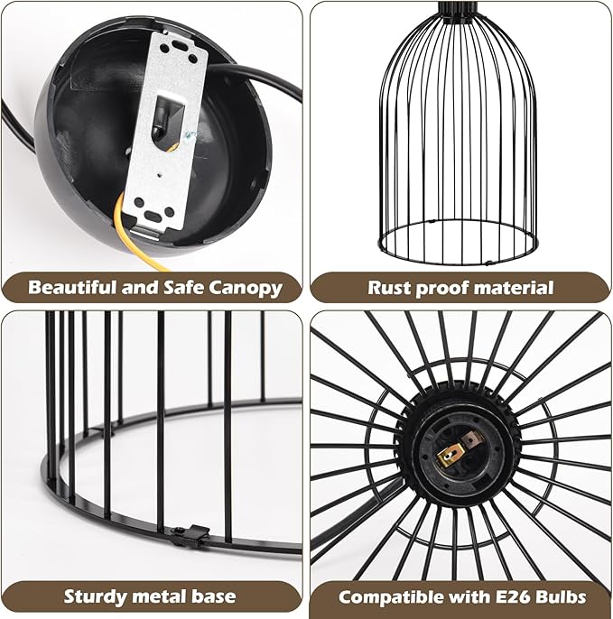 Black Decorative Birdcage Industrial Chandelier – Modern Metal Cage Pendant Light Fixture, E26 Base (No Bulb), Assembly Required, for Living Room, Kitchen, Dining Room, Bedroom, Farmhouse, Bar, Café