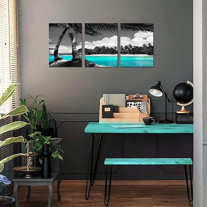 SkenoArt 3 Panels Teal Canvas Wall Art Black and White Hawaii Beach Pictures Tropical Palm Tree Artwork Giclee Prints for Bathroom Office Wall Decoration Framed Ready to Hang Each Piece 12"x16"