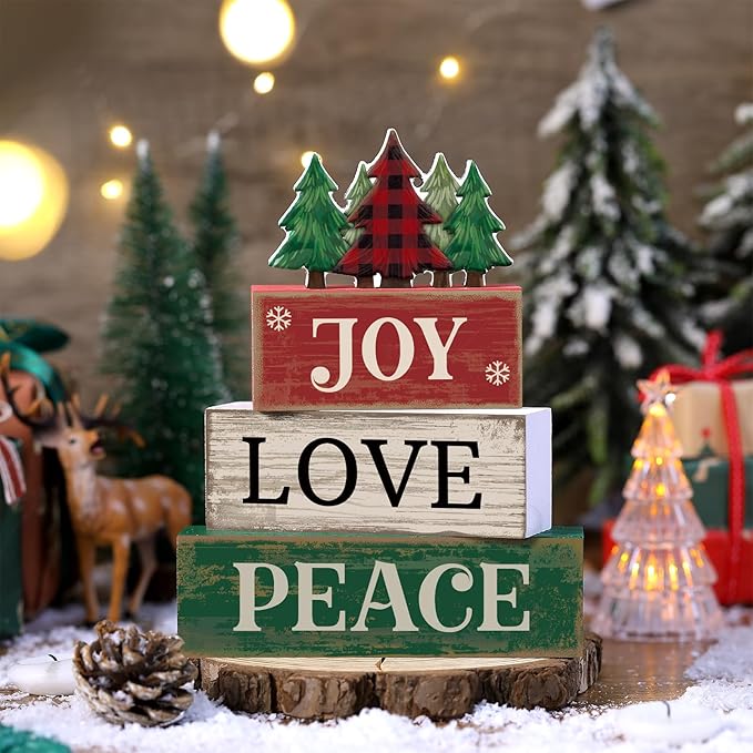4 Pcs Christmas Table Decor Christmas Tree Centerpiece Joy Peace Love Sign Rustic Decorative Tree Block Signs Gift Winter Tiered Tray Decor Farmhouse for Home Xmas Party Kitchen Shelf