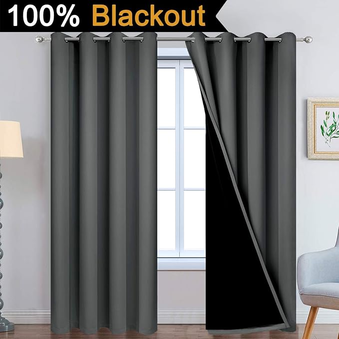 Yakamok 100% Dark Gray Blackout Window Curtain Panels Full Light Blocking Drapes with Black Liner Room Darkening Thermal Insulated Curtains for Bedroom/Living Room(Dark Grey, 52W x 96L, One Pair)