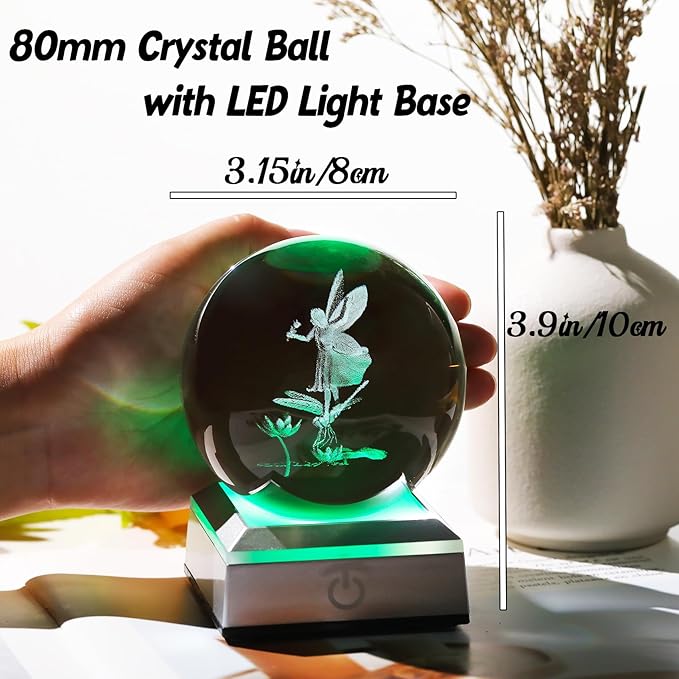 3.15"/8CM Crystal Ball 3D Engraved Fairy with Dragonfly Gifts for Girlfriend Girls Glass Sphere with LED Colorful Base Ideas on Birthday Christmas for Her Home Decor Figurine
