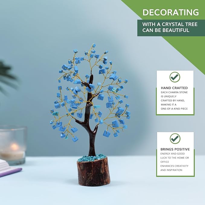 NARIBABU Turquoise Crystal Tree (7–8 Inch, 100 Chips) – Handmade Gemstone Tree with Raw Stones & Golden Wire – Gift for Her, Birthday Gifts for Women, Spiritual Home Decor