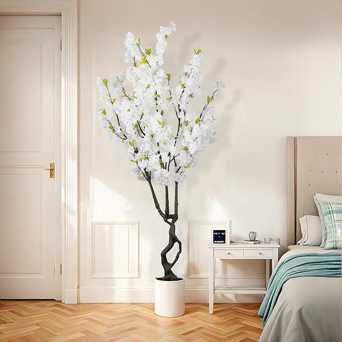 Faux White Cherry Blossom 6ft(72in) Tall Artificial Plant Indoor Decor Handmade Natural Fake Cherry Blossom Tree for Wedding Realistic Cherry Plant in Pot for Home Living Room,Office,Outdoor Decor.