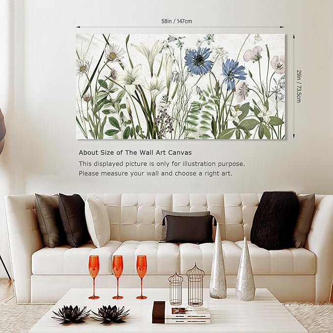 NINEASO Botanical Canvas Wall Art - Wildflower Pictures Floral Wall Decor Nature Prints Green Blue Flower Plants Painting Artwork for Living Room Bedroom Home Office Decorations 29" x 58"