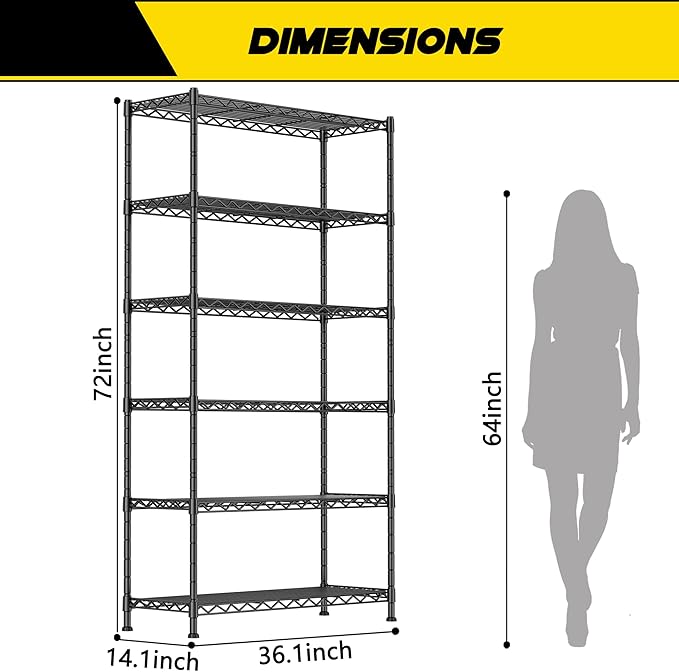 GIOTORENT 6-Wire Garage Shelving Storage Shelves, Metal Shelf Organizer 2100Lbs Capacity, Kitchen Storage Adjustable Shelf for Laundry Bathroom Pantry Closet, Black 36.2''W x 14''D x 72.4''H