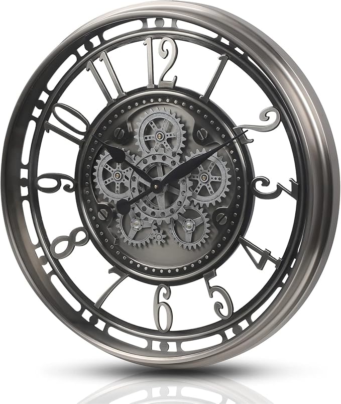 CLXEAST 28 Inch Large Industrial Moving Gear Wall Clock for Living Room Decor, Modern Farmhouse Decorative Clock for Dinning Room,Gunmetal Silver,House Warming Gifts New Home