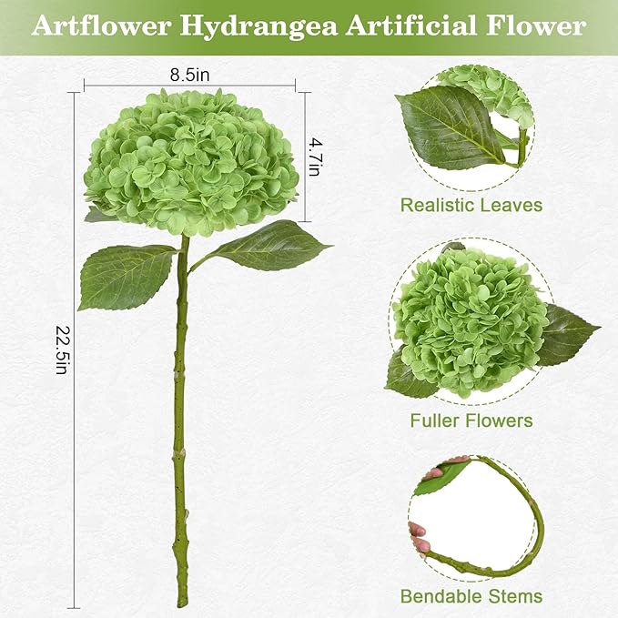 Artflower 4Pcs Real Touch Hydrangea Artificial Flowers, 22.5'' Light Green & Dark Green Full Latex Faux Hydrangea Flowers for Home Floral Arrangements Wedding Bouquets Table Centerpiece Decorations