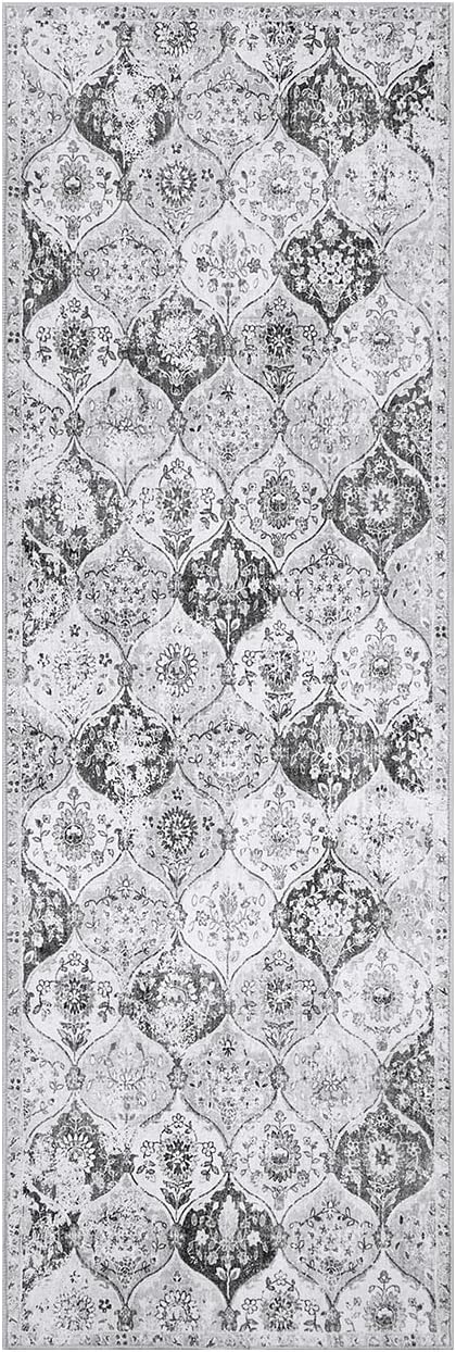 Lahome Moroccan Trellis Washable Runner Rug, 2x6 Kitchen Runners for Hallways 6 Feet Non Slip, Vintage Laundry Room Rug Ultra-Thin Long Carpet for Bathroom Bedroom Entryway, Silver/Grey