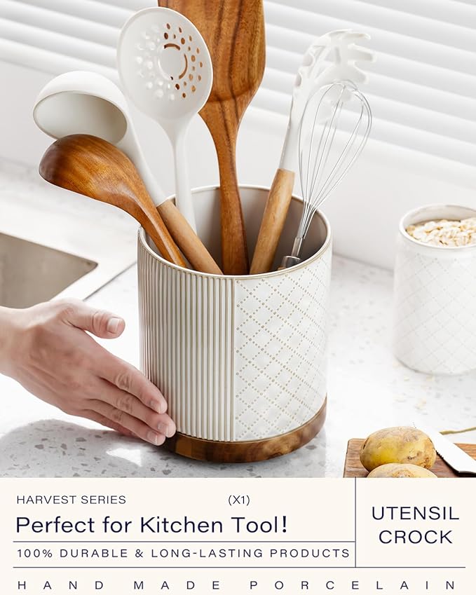 getstar 360° Rotating Kitchen Utensil Holder, Large Ceramic Cooking Utensil Holder for Kitchen Counter with Rotatable and Detachable Wooden Base