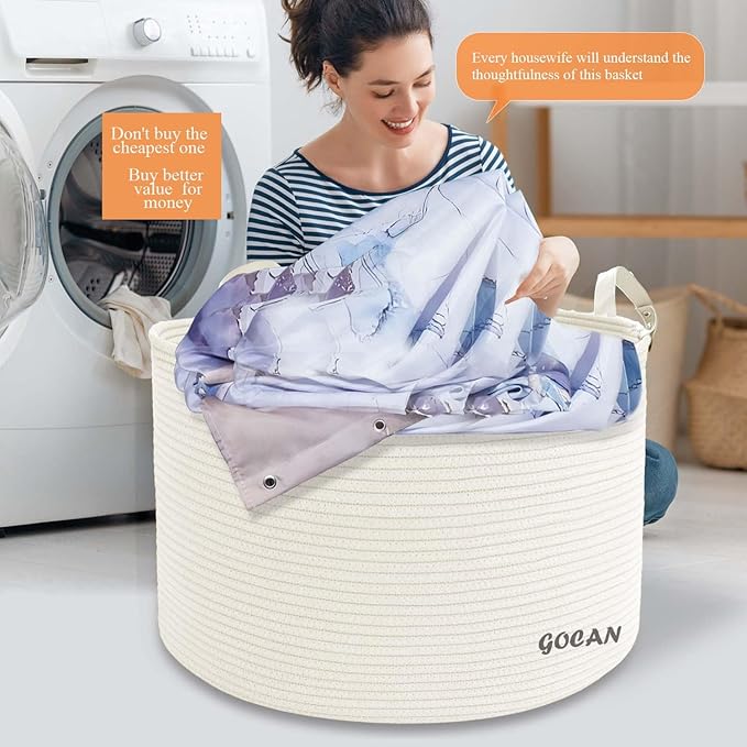 Extra Large Storage Laundry Basket 22" X 22"X 14" Cotton Rope Woven Basket for Blanket Basket with Handles for Living Room Toys Storage XXXL (Cream)