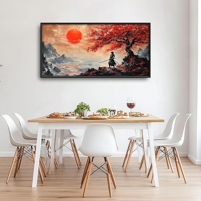 Flintis Large Samurai Framed Wall Art Japan Warrior Pictures Wall Decor Abstract Japanese Art Canvas Painting Print Artworks Decor Framed for Living Room Bathroom Master Bedroom Office 60L X 30W