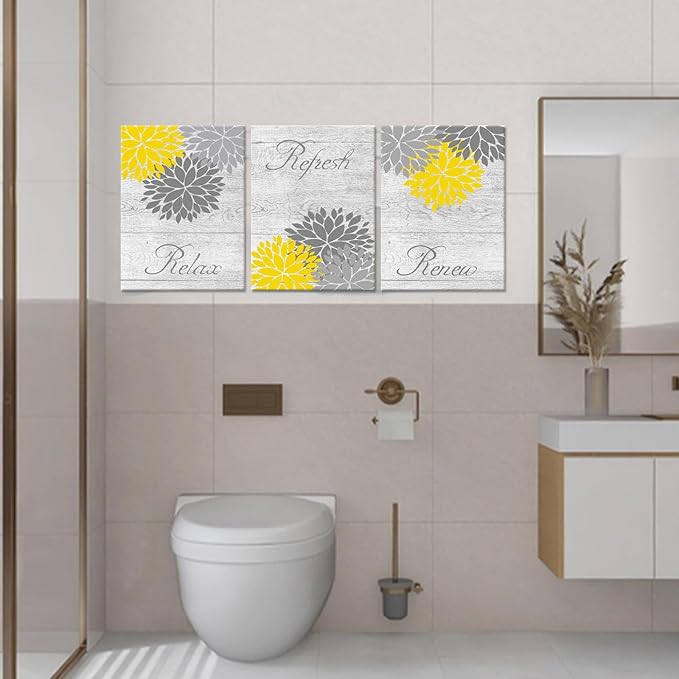 Zlove Yellow and Grey Bathroom Decor, Dahlia Flower Pictures Wall Art - Relax Refresh Renew Bathroom Pictures Wall Decor, 12"X16", 3Pcs