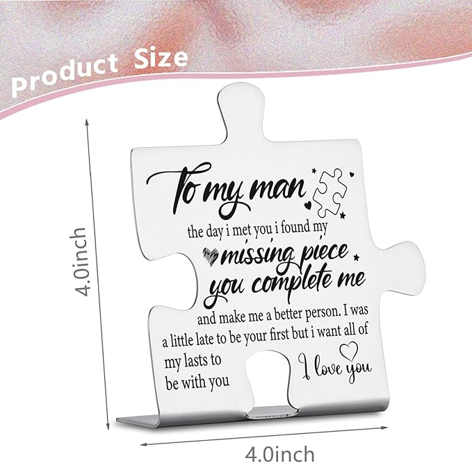 To My Man Puzzle Piece Gifts, Missing Piece Love Message Sign, Romantic Gift for Boyfriend, Husband, Anniversary, Valentine’s Day, Wedding, Birthday, I Love You Desk Plaque YCC4
