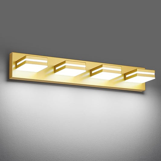 Modern LED Bathroom Lights Fixtures(4-Light),Metal Gold Acrylic Wall Lighting,Vanity Lights for Bathroom Over Mirror(6000k 27In