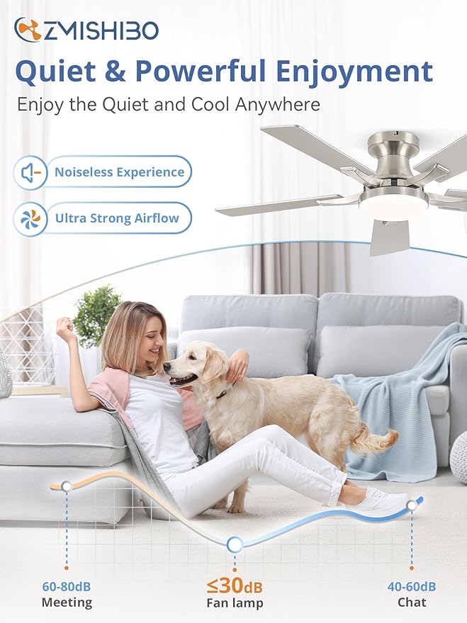 ZMISHIBO 42 Inch Ceiling Fan with Light, App&Remote Control, Flush Mount Low Profile, Dimmable 20W LED Light, Quiet Reversible Motor for Bedroom, Living Room, Apartment, Nickel
