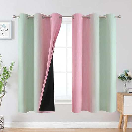 Estelar Textiler Pink and Sage Green Blackout Curtains & Drapes for Bedroom, Thermal Insulated Ombre Blackout Drapes, Room Darkening Energy Saving Curtains for Living Room, 42Wx63L, 2 Panels