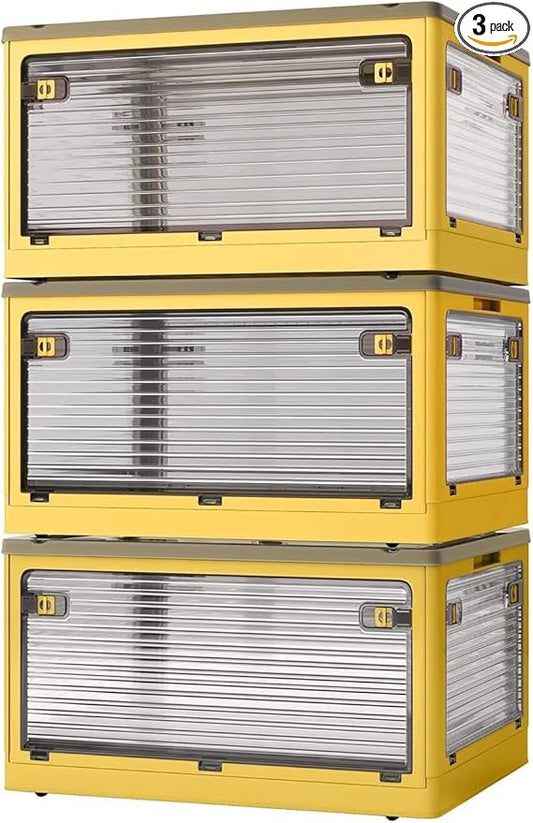 3 PACK Stackable Storage Bins, 83 Liters Closet Organizers with 3 Lids, Wheels, Drawers, Foldable Collapsible Box for Clothes and Camping Out Doors Bins, Orange