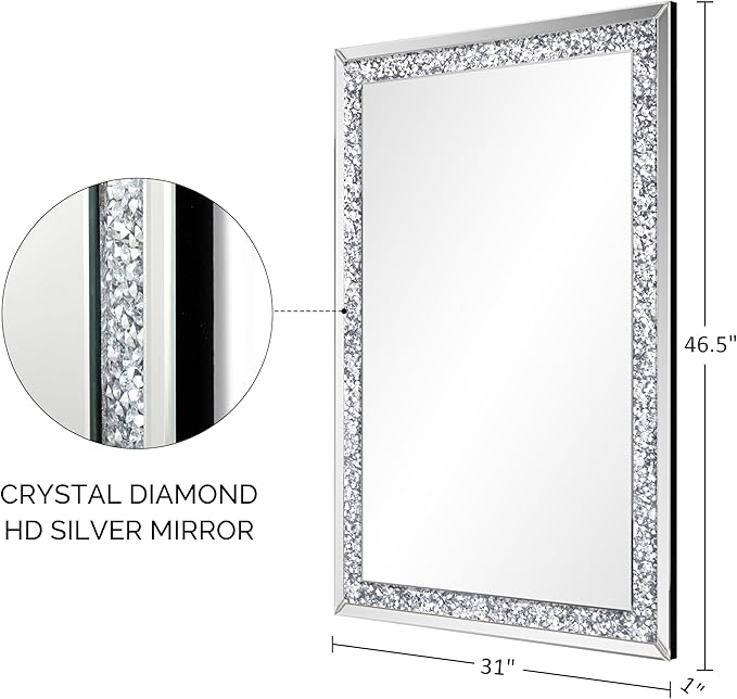 Crystal Crush Diamond Mirror-46.5"x31" Silver Mirror, Gorgeous Wall Mirror, Rectangle Mirrors for Wall Bathroom, Bedroom, Dining Room and Living Room