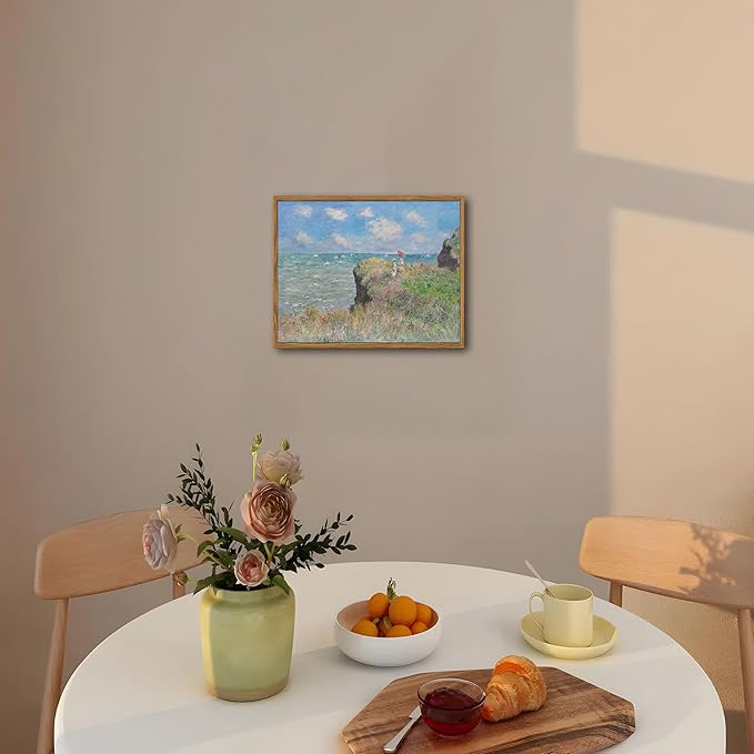 Framed Vintage Monet Wall Art Coastal Decor – Impressionist Seaside Oil Painting Canvas Prints – Nature Beach Scene Landscape Aesthetic Wall Decor for Living Room Bedroom Bathroom – 8"x10"