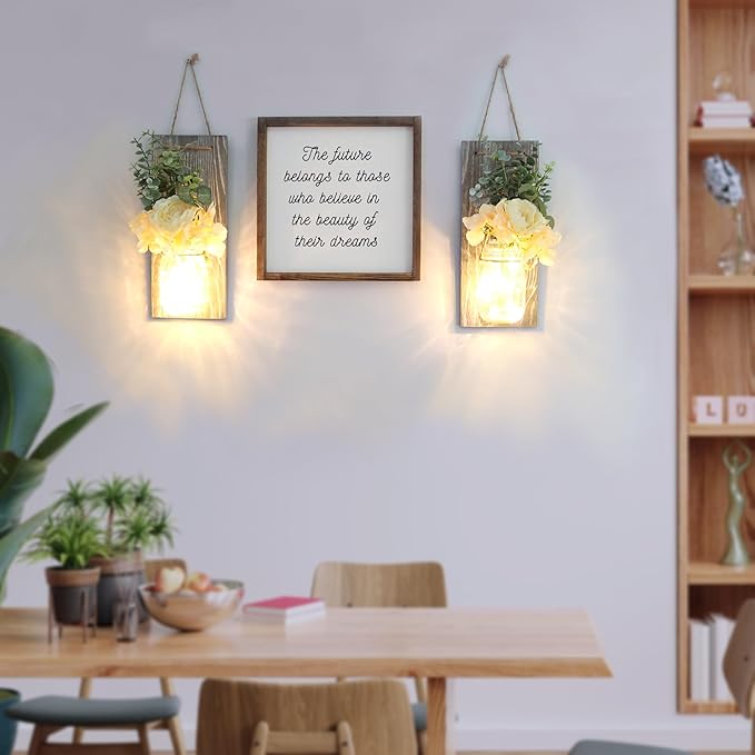 Besuerte Modern Farmhouse Wall Decor Set of 2, Rustic Wall Art Living Room Decor with Led Fairy Lights and Rose Flowers, Country Home Decor Gifts, X-Large Rustic Grey