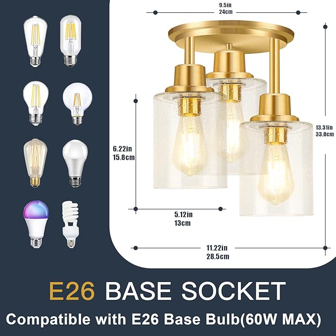 Semi Flush Mount Ceiling Light, 3-Light Close to Ceiling Light Fixtures, Brass Gold Finish Kitchen Light Fixtures with Clear Seeded Glass Shade Patriot Lighting for Entryway Porch Hallway Foyer