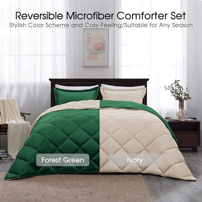 Basic Beyond - Forest Green King Size Reversible Down Alternative Bed Comforter Set(1 Comforter with 2 Pillow Shams, 104" x 92")