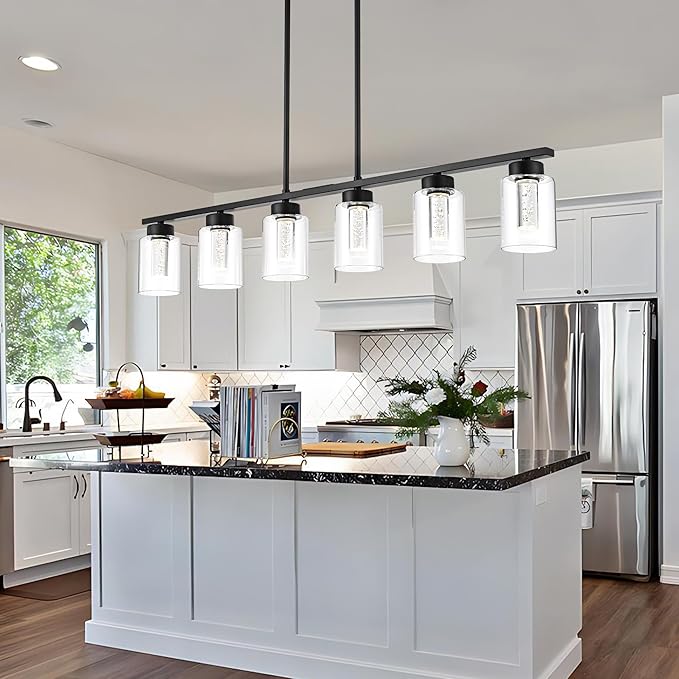 6-Lights 5CCT LED Black Kitchen Island Light LED Integrated Bulbs Included, Modern Linear Pendant Light Fixtures Hanging with Bubble Crystal LED & Clear Glass Shade