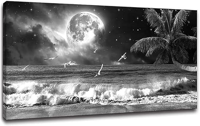 Yxbhhym Black and White Ocean Wall Art Moon Sea Beach Canvas Print Art Ocean Paintings Seascape Poster Wall Pictures Landscape Palm Artwork for Wall Living Room Decor Framed-20x40inches