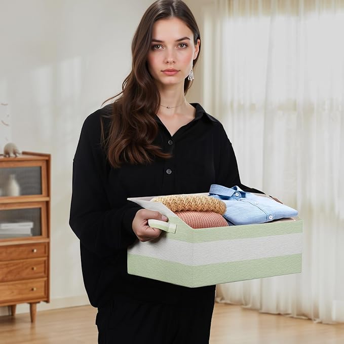 Linen Closet Organizers and Storage, Trapezoid Fabric Bins, Home Office Organization Baskets Striped Collapsible Box with Handles for Clothes, Blanket, Books, DVD, 4 Pack, Green/White