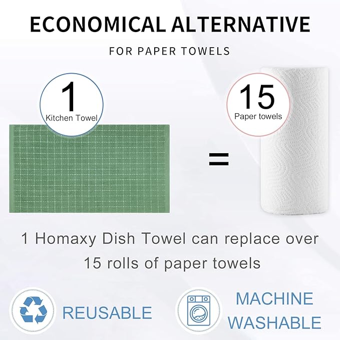 Homaxy 100% Cotton Terry Kitchen Towels(Grass Green, 20 x 28 inches), Checkered Designed, Soft and Super Absorbent Dish Towels, Large 4 Pack