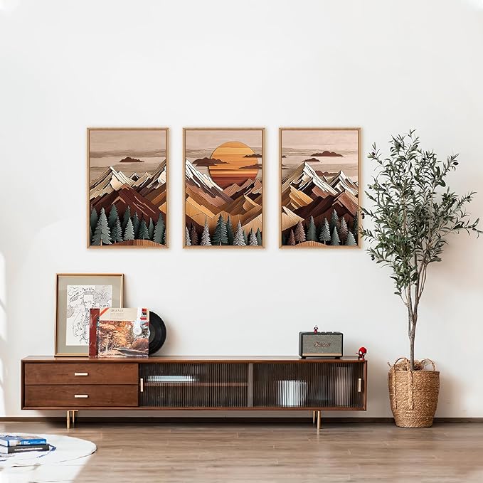 KAIRNE Mountain Framed Canvas Wall Art Set, Mountain Themed Wall Decor, Wooden Pine Tree Scene Wall Painting, Vintage Forest Landscape Art Prints for Living Room, Bedroom, Office 24"x36"x3