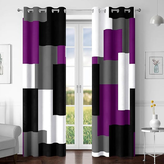 Purple 100% Blackout Curtains for Bedroom 63 inch Length 2 Panels Set Black Grey Modern Abstract Geometric Black Out Curtains Insulated Room Darkening Window Drapes for Living Room, 52Wx63L
